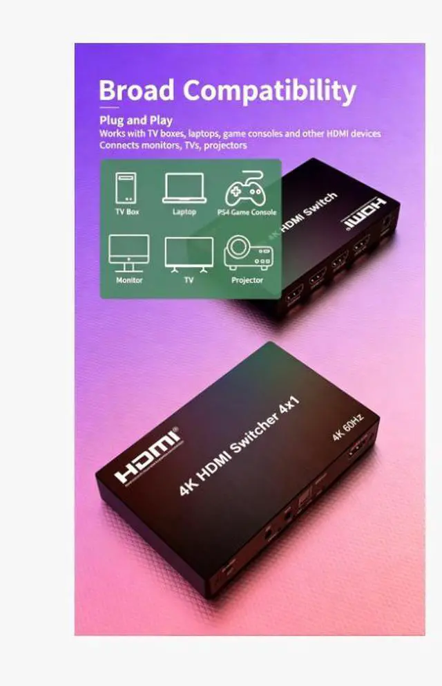 Alt view image 6 of 7 - 4K@60Hz 4x1 HDMI 2.0 Switch with Audio Extractor,4 Input 1 Output HDMI Video Switcher,Optical SPDIF & 3.5mm R/L Audio,HDCP2.2 HDR 18Gbps,IR Remote for PS5,Xbox,Switch,Fire Stick,TV,Monitor,Projector