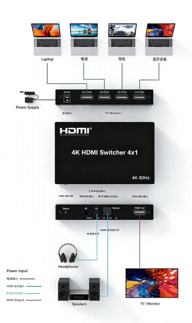 Alt view image 7 of 7 - 4K@60Hz 4x1 HDMI 2.0 Switch with Audio Extractor,4 Input 1 Output HDMI Video Switcher,Optical SPDIF & 3.5mm R/L Audio,HDCP2.2 HDR 18Gbps,IR Remote for PS5,Xbox,Switch,Fire Stick,TV,Monitor,Projector