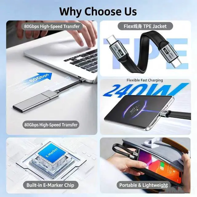 Alt view image 3 of 7 - Flat TPE 100cm/3.3FT USB-C to USB-C USB5 Cable,80Gbps Data Transfer,240W PD Fast Charging,16K UHD Video Cord,Compatible with Thunderbolt5/4/3 USB4 Laptop SSD Docking Station Monitor