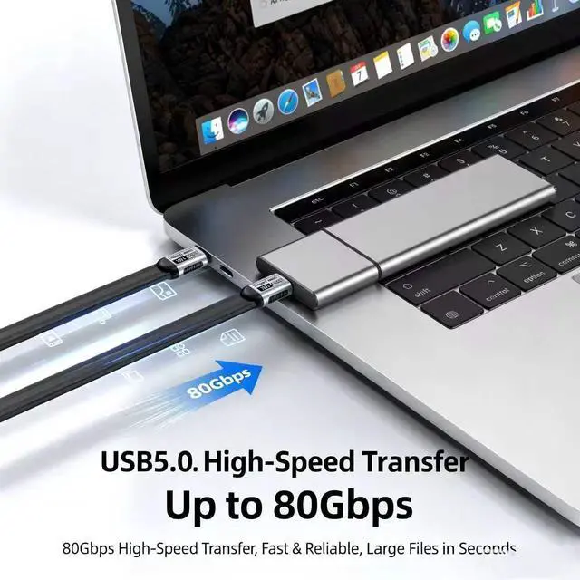 Alt view image 5 of 7 - Flat TPE 100cm/3.3FT USB-C to USB-C USB5 Cable,80Gbps Data Transfer,240W PD Fast Charging,16K UHD Video Cord,Compatible with Thunderbolt5/4/3 USB4 Laptop SSD Docking Station Monitor