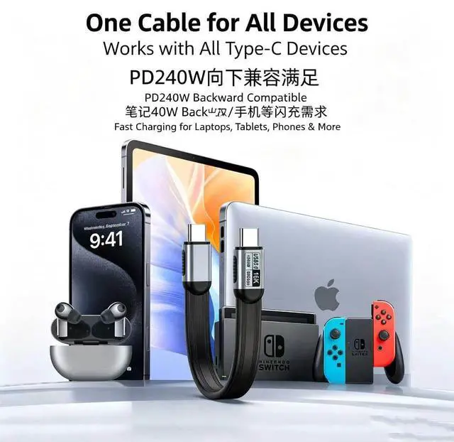 Alt view image 6 of 7 - Flat TPE 100cm/3.3FT USB-C to USB-C USB5 Cable,80Gbps Data Transfer,240W PD Fast Charging,16K UHD Video Cord,Compatible with Thunderbolt5/4/3 USB4 Laptop SSD Docking Station Monitor