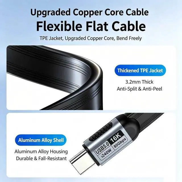 Alt view image 4 of 7 - Flat TPE 100cm/3.3FT USB-C to USB-C USB5 Cable,80Gbps Data Transfer,240W PD Fast Charging,16K UHD Video Cord,Compatible with Thunderbolt5/4/3 USB4 Laptop SSD Docking Station Monitor