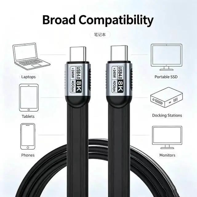 Alt view image 2 of 6 - Flat TPE 3.3FT Short USB-C to USB-C USB4 Cable, 40Gbps Data Transfer, 240W PD Fast Charging, 8K UHD Video Cord, Compatible with Thunderbolt 4/3 Laptops SSD Docking Station Monitor
