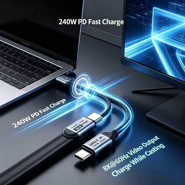 Alt view image 3 of 6 - Flat TPE 3.3FT Short USB-C to USB-C USB4 Cable, 40Gbps Data Transfer, 240W PD Fast Charging, 8K UHD Video Cord, Compatible with Thunderbolt 4/3 Laptops SSD Docking Station Monitor