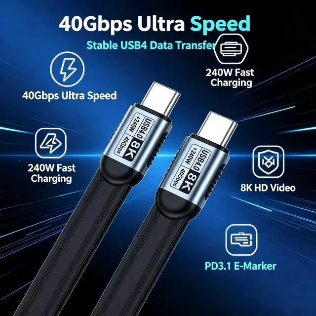 Alt view image 5 of 6 - Flat TPE 3.3FT Short USB-C to USB-C USB4 Cable, 40Gbps Data Transfer, 240W PD Fast Charging, 8K UHD Video Cord, Compatible with Thunderbolt 4/3 Laptops SSD Docking Station Monitor
