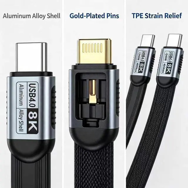 Alt view image 6 of 6 - Flat TPE 3.3FT Short USB-C to USB-C USB4 Cable, 40Gbps Data Transfer, 240W PD Fast Charging, 8K UHD Video Cord, Compatible with Thunderbolt 4/3 Laptops SSD Docking Station Monitor