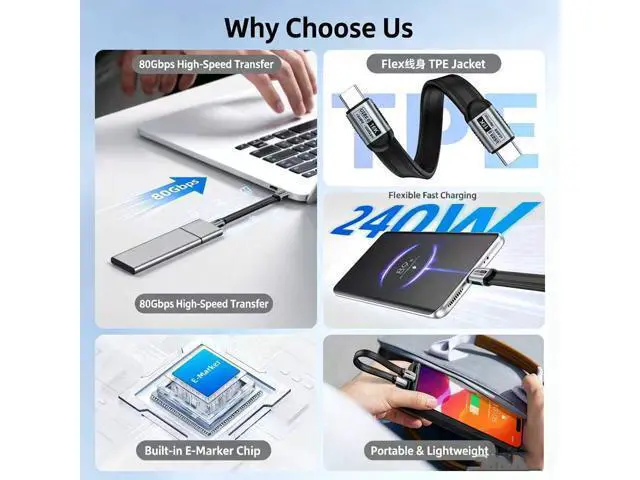 Alt view image 2 of 6 - 0.33FT Flat TPE Short USB-C to USB-C USB3.2 Full Function Cable, 20Gbps Transfer, 240W PD Charge, 4K UHD Video Cord, Compatible with MacBook Dell HP ASUS Lenovo Laptop SSD Dock Monitor