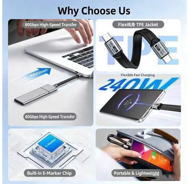 Alt view image 2 of 6 - 1FT Flat TPE Short USB-C to USB-C USB3.2 Full Function Cable, 20Gbps Transfer, 240W PD Charge, 4K UHD Video Cord, Compatible with MacBook Dell HP ASUS Lenovo Laptop SSD Dock Monitor