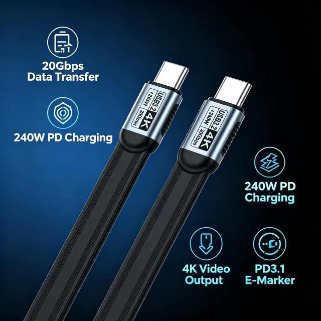 Alt view image 4 of 6 - 1.64FT Flat TPE Short USB-C to USB-C USB3.2 Full Function Cable, 20Gbps Transfer, 240W PD Charge, 4K UHD Video Cord, Compatible with MacBook Dell HP ASUS Lenovo Laptop SSD Dock Monitor