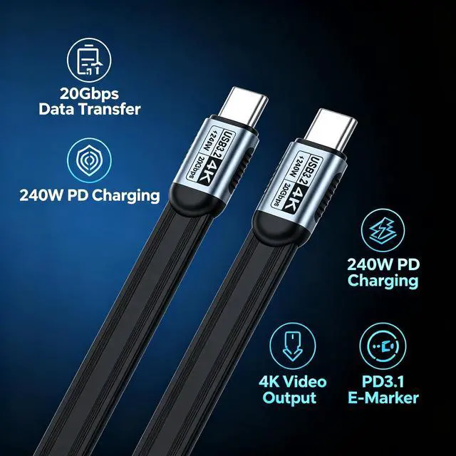 Alt view image 5 of 6 - 1FT Flat TPE Short USB-C to USB-C USB3.2 Full Function Cable, 20Gbps Transfer, 240W PD Charge, 4K UHD Video Cord, Compatible with MacBook Dell HP ASUS Lenovo Laptop SSD Dock Monitor