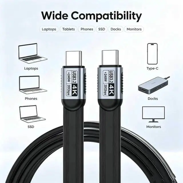 Alt view image 5 of 6 - 0.5FT Flat TPE Short USB-C to USB-C USB3.2 Full Function Cable, 20Gbps Transfer, 240W PD Charge, 4K UHD Video Cord, Compatible with MacBook Dell HP ASUS Lenovo Laptop SSD Dock Monitor