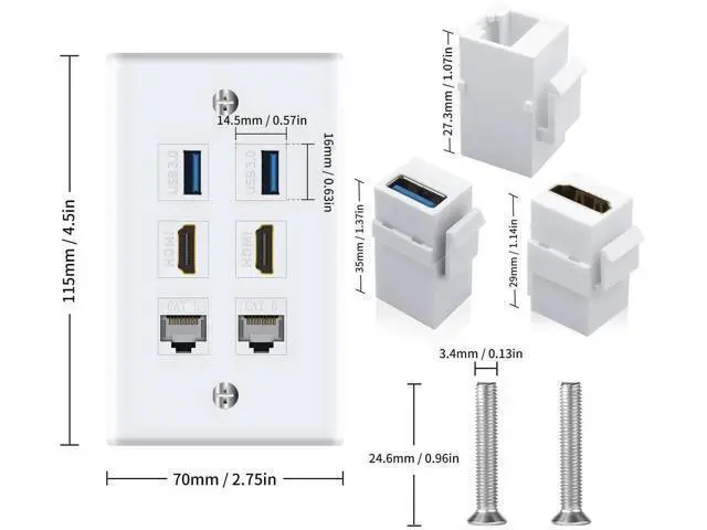 Alt view image 7 of 7 - 6 Port Keystone Wall Plate, White Faceplate, 2 HDMI + 2 Cat6 RJ45 Ethernet + 2 USB 3.0 Female to Female Jack, Multi-Port Wall Outlet for Home & Office Cable Wiring