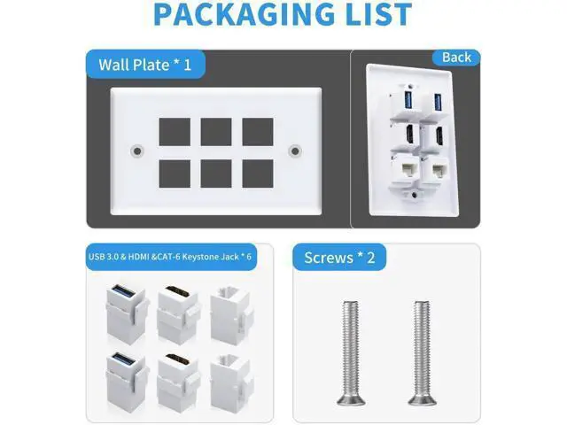 Alt view image 3 of 7 - 6 Port Keystone Wall Plate, White Faceplate, 2 HDMI + 2 Cat6 RJ45 Ethernet + 2 USB 3.0 Female to Female Jack, Multi-Port Wall Outlet for Home & Office Cable Wiring