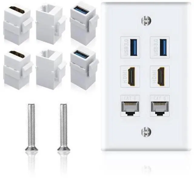 Main image of 6 Port Keystone Wall Plate, White Faceplate, 2 HDMI + 2 Cat6 RJ45 Ethernet + 2 USB 3.0 Female to Female Jack, Multi-Port Wall Outlet for Home & Office Cable Wiring
