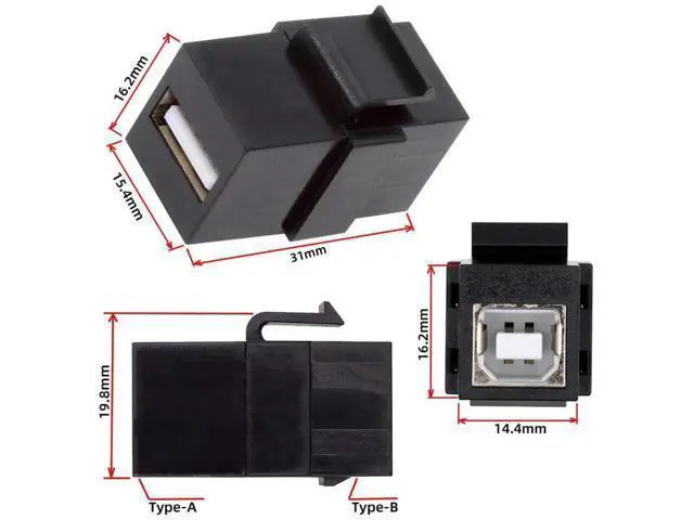 Alt view image 2 of 7 - USB 2.0 Keystone Insert, Type A Female to Type B Female Coupler Jack, Snap-In Connector for Keystone Wall Plates & Panels