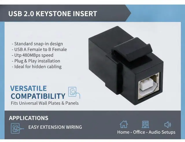 Main image of USB 2.0 Keystone Insert, Type A Female to Type B Female Coupler Jack, Snap-In Connector for Keystone Wall Plates & Panels