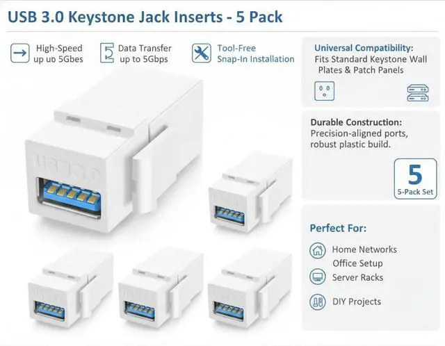 Main image of USB 3.0 Keystone Jack Inserts, Snap-In Insert Module for Keystone Wall Plates, 5 Pack