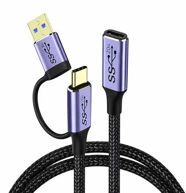Main image of 2 in 1 USB3.2 Gen2x2 Type-C Extension Cable 0.25M, 100W PD Fast Charging, 20Gbps Data Transfer, 4K 60Hz Video Output, Type-C Male to Female Cord with Detachable USB-A Adapter for Laptop, Phone, SSD