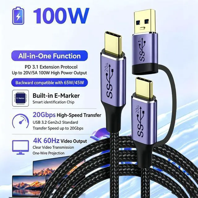 Main image of 2 in 1 Straight Dual-Plug USB3.2 Gen2x2 Type-C to Type-C Cable, 0.5M (19.7 Inch), 100W PD Fast Charging, 20Gbps Data Transfer, 4K 60Hz Video Output with Detachable USB-A Adapter