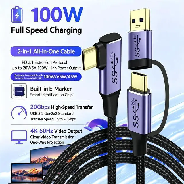 Main image of 2 in 1 L-shaped USB3.2 Gen2x2 Type-C to Type-C Cable, 0.25M (9.8 Inch), 100W PD Fast Charging, 20Gbps Data Transfer, 4K 60Hz Video Output with Detachable USB-A Adapter
