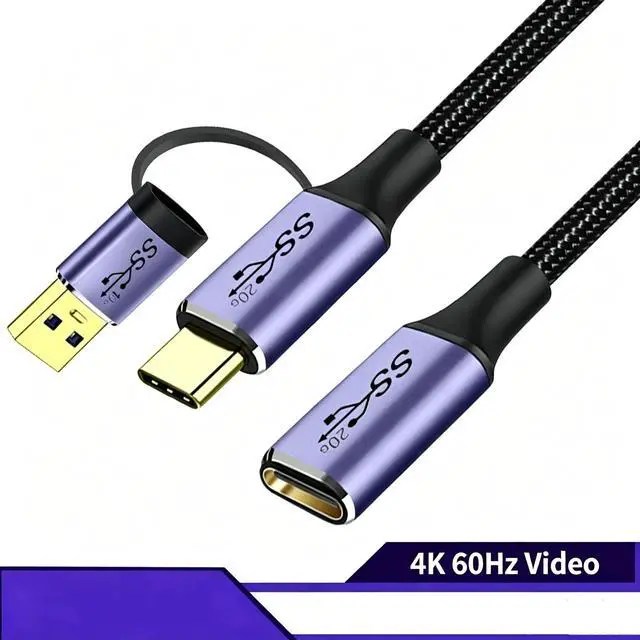 Alt view image 2 of 2 - 2 in 1 USB3.2 Gen2x2 Type-C Extension Cable 0.25M, 100W PD Fast Charging, 20Gbps Data Transfer, 4K 60Hz Video Output, Type-C Male to Female Cord with Detachable USB-A Adapter for Laptop, Phone, SSD