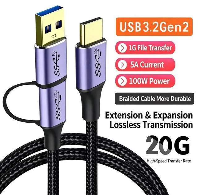 Alt view image 2 of 2 - 2 in 1 Straight Dual-Plug Braided Type-C to Type-C Cable, USB3.2 Gen2x2, 1.5M (59 Inch), 100W PD Fast Charging, 20Gbps Data Transfer, 4K 60Hz Video, Detachable USB-A Adapter for Laptop, Phone, SSD