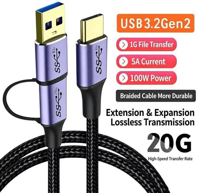 Alt view image 2 of 5 - 2 in 1 Straight Dual-Plug USB3.2 Gen2x2 Type-C to Type-C Cable, 0.5M (19.7 Inch), 100W PD Fast Charging, 20Gbps Data Transfer, 4K 60Hz Video Output with Detachable USB-A Adapter