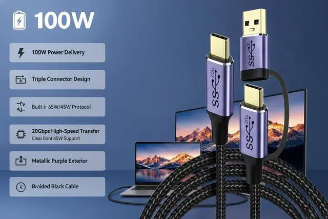Alt view image 3 of 5 - 2 in 1 Straight Dual-Plug USB3.2 Gen2x2 Type-C to Type-C Cable, 0.5M (19.7 Inch), 100W PD Fast Charging, 20Gbps Data Transfer, 4K 60Hz Video Output with Detachable USB-A Adapter