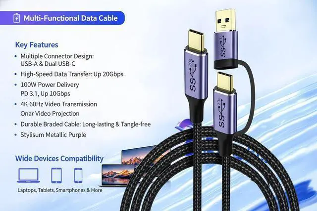Alt view image 4 of 5 - 2 in 1 Straight Dual-Plug USB3.2 Gen2x2 Type-C to Type-C Cable, 0.5M (19.7 Inch), 100W PD Fast Charging, 20Gbps Data Transfer, 4K 60Hz Video Output with Detachable USB-A Adapter