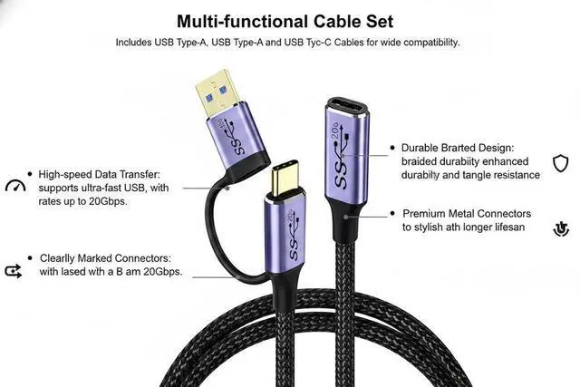 Alt view image 3 of 3 - 2 in 1 USB3.2 Gen2x2 Type-C Extension Cable 2M, 100W PD Fast Charging, 20Gbps Data Transfer, 4K 60Hz Video Output, Type-C Male to Female Cord with Detachable USB-A Adapter for Laptop, Phone, SSD