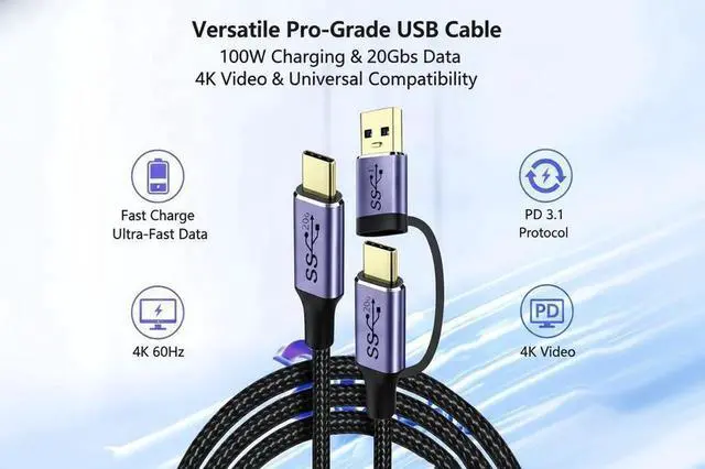 Alt view image 5 of 5 - 2 in 1 Straight Dual-Plug USB3.2 Gen2x2 Type-C to Type-C Cable, 0.5M (19.7 Inch), 100W PD Fast Charging, 20Gbps Data Transfer, 4K 60Hz Video Output with Detachable USB-A Adapter