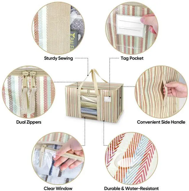 Alt view image 3 of 7 - 6-Pack Oversized Moving Bags with Reinforced Handles, Heavy-Duty Storage Tote Moving Supplies for Packaging, Camping (Color Stripe, 6-Pack)