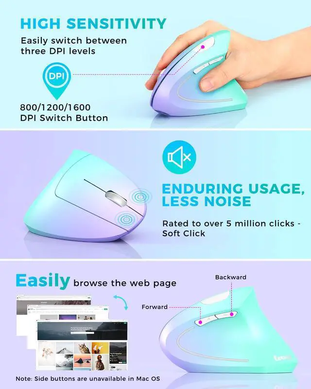 Alt view image 5 of 7 - JAYSUING Ergonomic Mouse, Vertical Wireless Mouse, Rechargeable 2.4G Optical Carpal Tunnel Mice: 800/1200 / 1600 DPI, 6 Buttons, for Laptop, PC, Mac, Computer, Desktop, Notebook etc, Green Purple