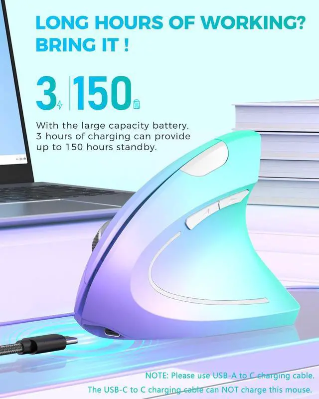 Alt view image 4 of 7 - JAYSUING Ergonomic Mouse, Vertical Wireless Mouse, Rechargeable 2.4G Optical Carpal Tunnel Mice: 800/1200 / 1600 DPI, 6 Buttons, for Laptop, PC, Mac, Computer, Desktop, Notebook etc, Green Purple