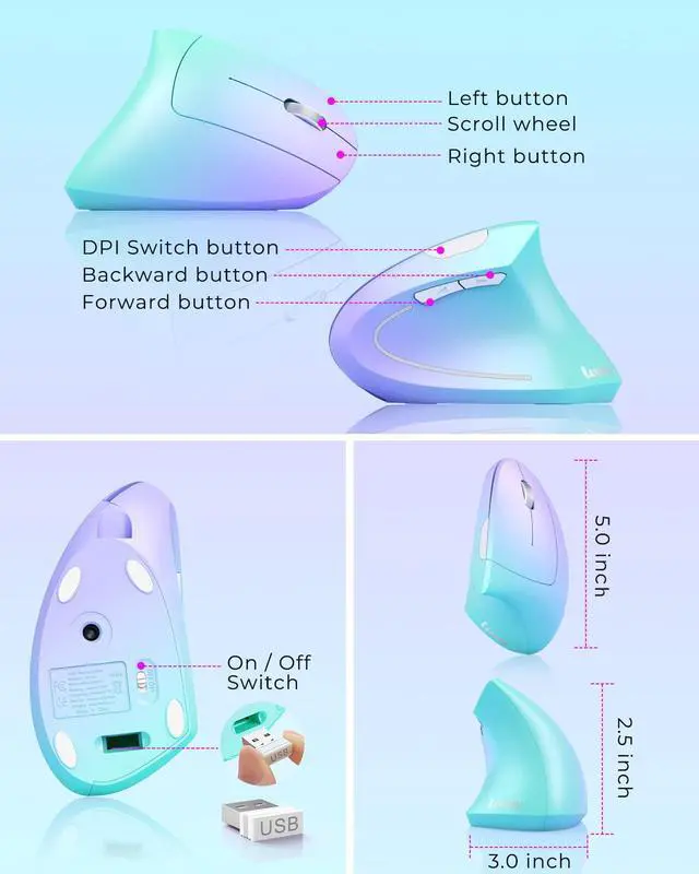Alt view image 6 of 7 - JAYSUING Ergonomic Mouse, Vertical Wireless Mouse, Rechargeable 2.4G Optical Carpal Tunnel Mice: 800/1200 / 1600 DPI, 6 Buttons, for Laptop, PC, Mac, Computer, Desktop, Notebook etc, Green Purple