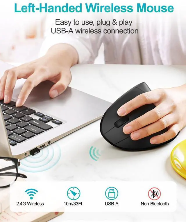 Alt view image 2 of 7 - Left Handed Ergonomic Mouse, Vertical Wireless Mouse for Left Hand, 2.4G USB Carpal Tunnel Lefty Mouse, 3 Adjustable DPI, 6 Buttons, for Laptop, PC, Computer, Mac, Windows, Desktop - Black