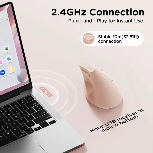 Alt view image 2 of 7 - Vertical Mouse Wireless, 2.4G Rechargeable Mouse with Battery Indicator,4 Level DPI,Ergonomic Design for Comfort and Reduced Wrist Strain, Ideal for Home,Office Use (Pink)