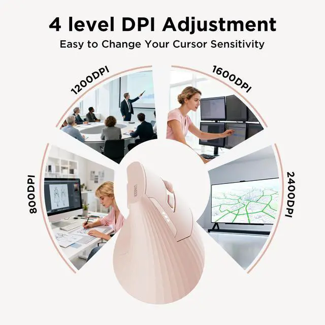 Alt view image 3 of 7 - Vertical Mouse Wireless, 2.4G Rechargeable Mouse with Battery Indicator,4 Level DPI,Ergonomic Design for Comfort and Reduced Wrist Strain, Ideal for Home,Office Use (Pink)