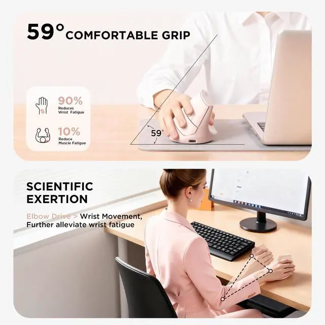 Alt view image 4 of 7 - Vertical Mouse Wireless, 2.4G Rechargeable Mouse with Battery Indicator,4 Level DPI,Ergonomic Design for Comfort and Reduced Wrist Strain, Ideal for Home,Office Use (Pink)