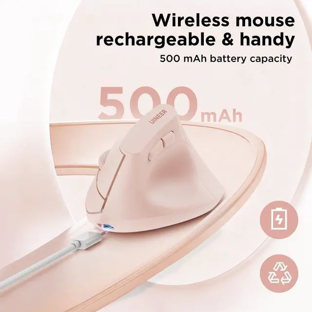 Alt view image 6 of 7 - Vertical Mouse Wireless, 2.4G Rechargeable Mouse with Battery Indicator,4 Level DPI,Ergonomic Design for Comfort and Reduced Wrist Strain, Ideal for Home,Office Use (Pink)