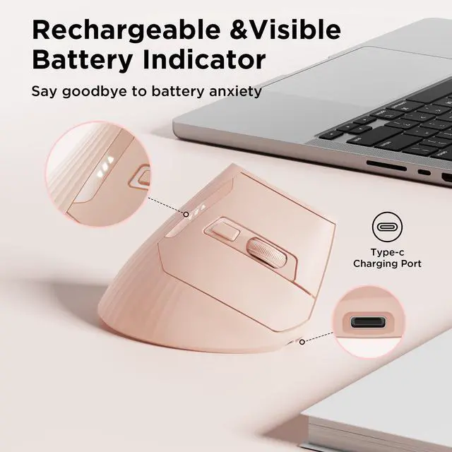Alt view image 7 of 7 - Vertical Mouse Wireless, 2.4G Rechargeable Mouse with Battery Indicator,4 Level DPI,Ergonomic Design for Comfort and Reduced Wrist Strain, Ideal for Home,Office Use (Pink)