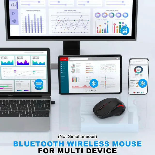 Alt view image 2 of 7 - Bluetooth Wireless Mouse,2.4G Ergonomic Wireless Mouse with USB-A/USB-C+BT5.0/3.0,Rechargeable Cordless Mice Jiggler Optical 6 Buttons 1600DPI for Laptop Mac Desktop PC Chromebook Notebook - Black