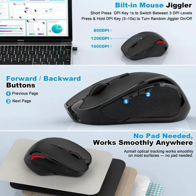 Alt view image 3 of 7 - Bluetooth Wireless Mouse,2.4G Ergonomic Wireless Mouse with USB-A/USB-C+BT5.0/3.0,Rechargeable Cordless Mice Jiggler Optical 6 Buttons 1600DPI for Laptop Mac Desktop PC Chromebook Notebook - Black