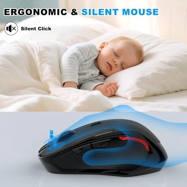 Alt view image 4 of 7 - Bluetooth Wireless Mouse,2.4G Ergonomic Wireless Mouse with USB-A/USB-C+BT5.0/3.0,Rechargeable Cordless Mice Jiggler Optical 6 Buttons 1600DPI for Laptop Mac Desktop PC Chromebook Notebook - Black