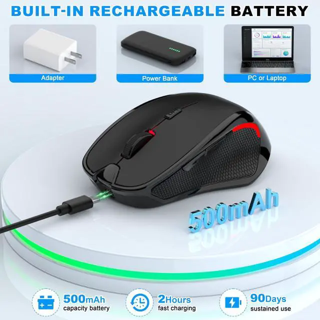 Alt view image 5 of 7 - Bluetooth Wireless Mouse,2.4G Ergonomic Wireless Mouse with USB-A/USB-C+BT5.0/3.0,Rechargeable Cordless Mice Jiggler Optical 6 Buttons 1600DPI for Laptop Mac Desktop PC Chromebook Notebook - Black