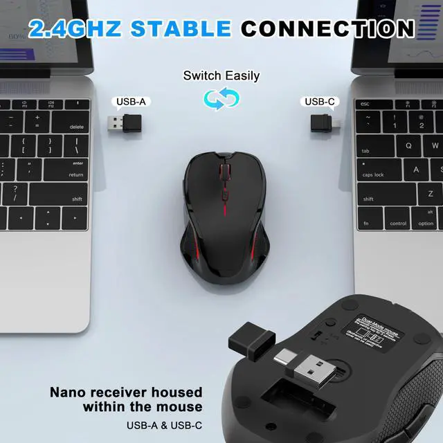 Alt view image 6 of 7 - Bluetooth Wireless Mouse,2.4G Ergonomic Wireless Mouse with USB-A/USB-C+BT5.0/3.0,Rechargeable Cordless Mice Jiggler Optical 6 Buttons 1600DPI for Laptop Mac Desktop PC Chromebook Notebook - Black