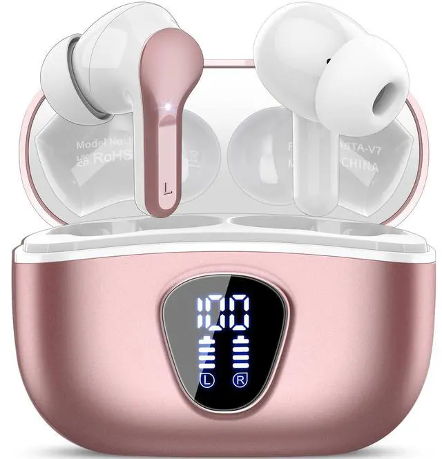 Main image of Wireless Earbuds, Bluetooth 5.4 Headphones HiFi Stereo, Earbuds with ENC Noise Cancelling Mic, IP7 Waterproof in Ear Earphones, 48H, LED Display Ear buds for Pad Workout Sports, Rose Gold