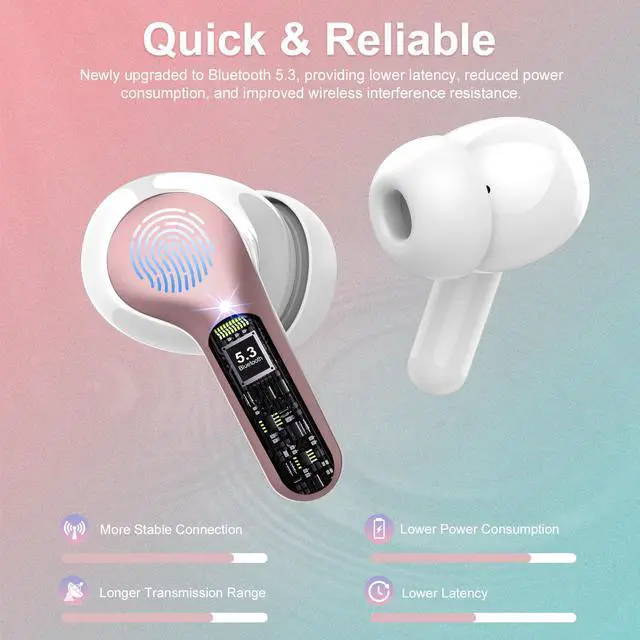 Alt view image 2 of 7 - Wireless Earbuds, Bluetooth 5.4 Headphones HiFi Stereo, Earbuds with ENC Noise Cancelling Mic, IP7 Waterproof in Ear Earphones, 48H, LED Display Ear buds for Pad Workout Sports, Rose Gold