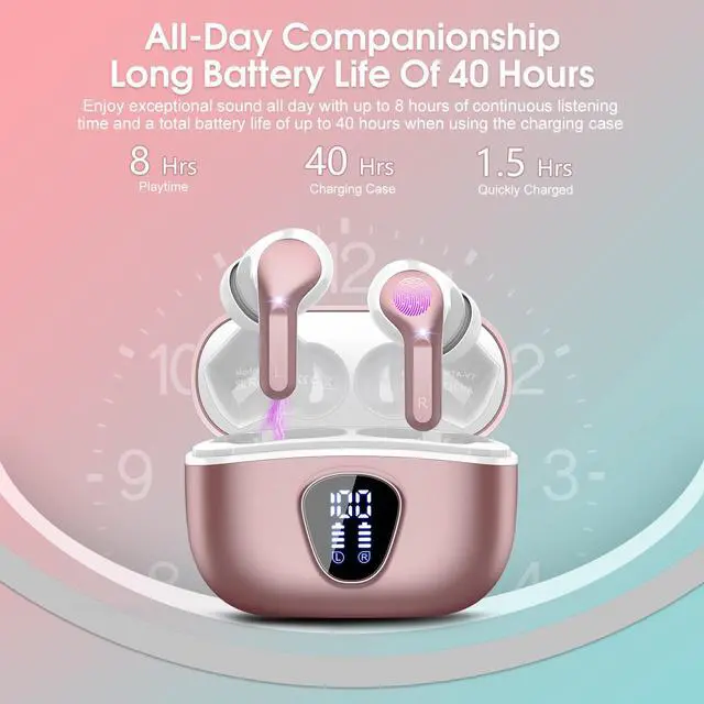 Alt view image 4 of 7 - Wireless Earbuds, Bluetooth 5.4 Headphones HiFi Stereo, Earbuds with ENC Noise Cancelling Mic, IP7 Waterproof in Ear Earphones, 48H, LED Display Ear buds for Pad Workout Sports, Rose Gold