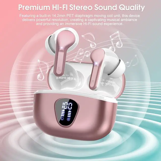Alt view image 6 of 7 - Wireless Earbuds, Bluetooth 5.4 Headphones HiFi Stereo, Earbuds with ENC Noise Cancelling Mic, IP7 Waterproof in Ear Earphones, 48H, LED Display Ear buds for Pad Workout Sports, Rose Gold